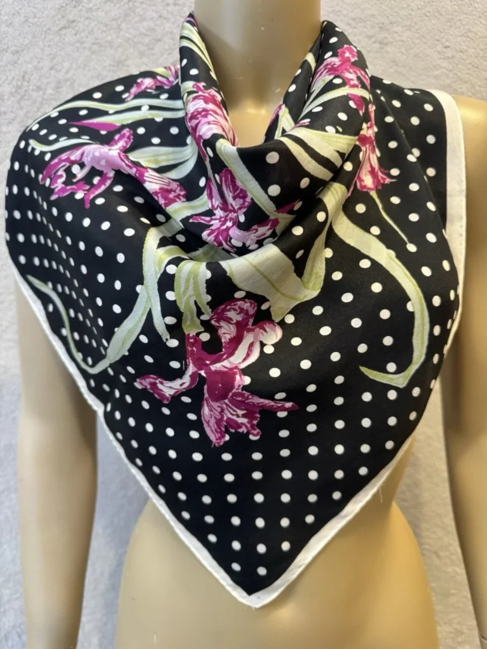 Vintage SILK Scarf, Black & White Polka Dots with Pink Florals 28.5